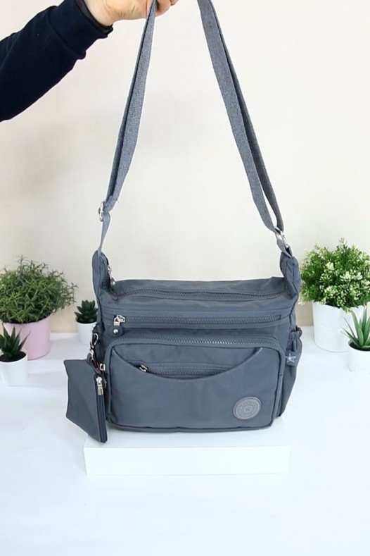 Gri Kadın Çapraz Askılı Postacı Omuz Çantası Krinkıl Kumaş Çok Gözlü Bölmeli Fermuarlı Astarlı 5313