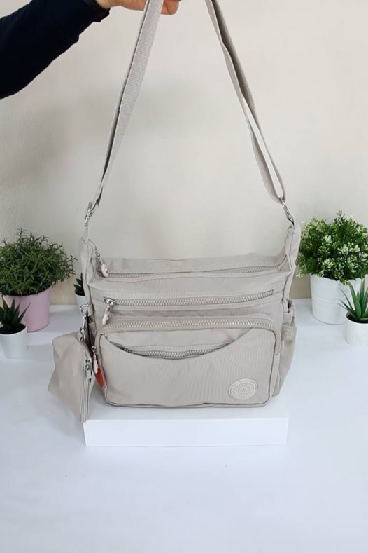 Krem Kadın Çapraz Askılı Postacı Omuz Çantası Krinkıl Kumaş Çok Gözlü Bölmeli Fermuarlı Astarlı 5313