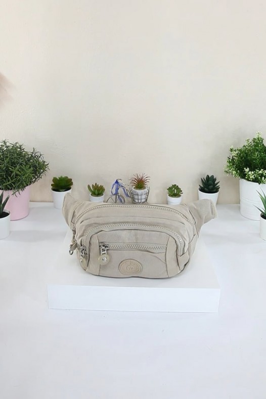 Krem Kadın Bel ve Göğüs Çantası Body Bag Free Bag Krinkıl Kumaş Çok Bölmeli Fermuarlı Astarlı 5328