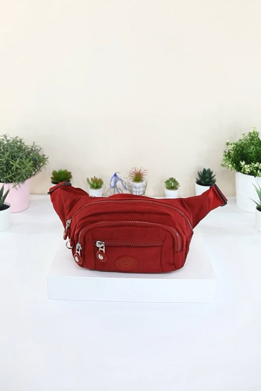 Kırmızı Kadın Bel ve Göğüs Çantası Body Bag Free Bag Krinkıl Kumaş Çok Gözlü Fermuarlı Astarlı 5328