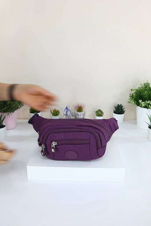 Mor Kadın Bel ve Göğüs Çantası Body Bag Free Bag Krinkıl Kumaş Çok Gözlü Fermuarlı Astarlı 5328