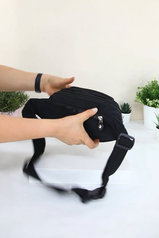 Siyah Kadın Bel ve Göğüs Çantası Body Bag Free Bag Krinkıl Kumaş Çok Bölmeli Fermuarlı Astarlı 5328