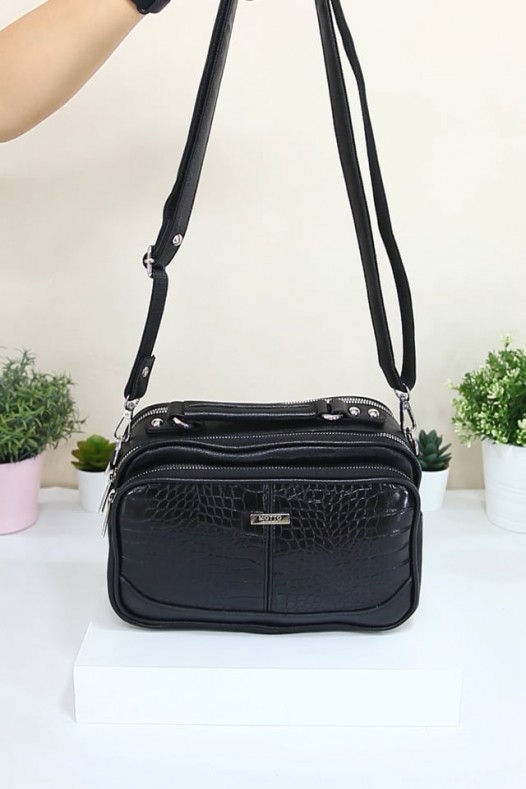 Siyah Kroko Desen Kadın Çapraz Askılı El Omuz Çantası Suni Deri 4 Gözlü Bölmeli Fermuarlı İçi Astarlı 5342