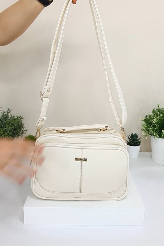 Krem Kadın Çapraz Askılı El Omuz Çantası Suni Deri 4 Gözlü Bölmeli Fermuarlı İçi Astarlı 5342