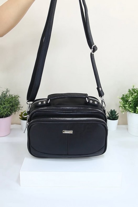 Siyah Kadın Çapraz Askılı El Omuz Çantası Suni Deri 4 Gözlü Bölmeli Fermuarlı İçi Astarlı 5342