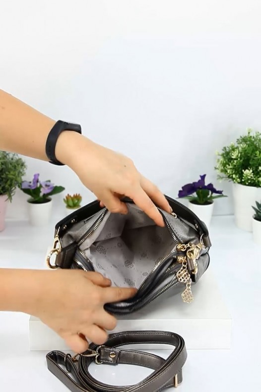Gri Orta Boy Günlük Kadın Çapraz Askılı Kol Omuz Çantası İthal Kaliteli Suni Deri Çok Gözlü 5357