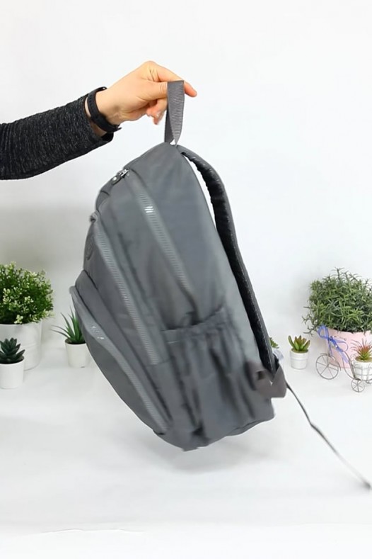 Gri Büyük Boy Günlük Unisex Kadın Erkek Sırt Çantası İthal Krinkıl Kumaş Çok Gözlü Astarlı 5428
