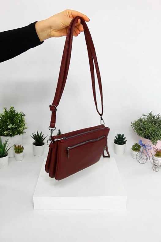 Bordo Orta Boy Günlük Kadın Çapraz Askılı Portföy Cüzdan İthal Suni Deri Çok Gözlü Astarlı 5414