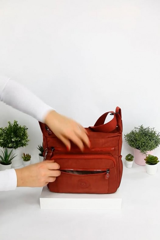 Kiremit Orta Boy Günlük Kadın Çapraz Askı Postacı Omuz Çantası Krinkıl Kumaş Çok Gözlü Bölmeli 5425