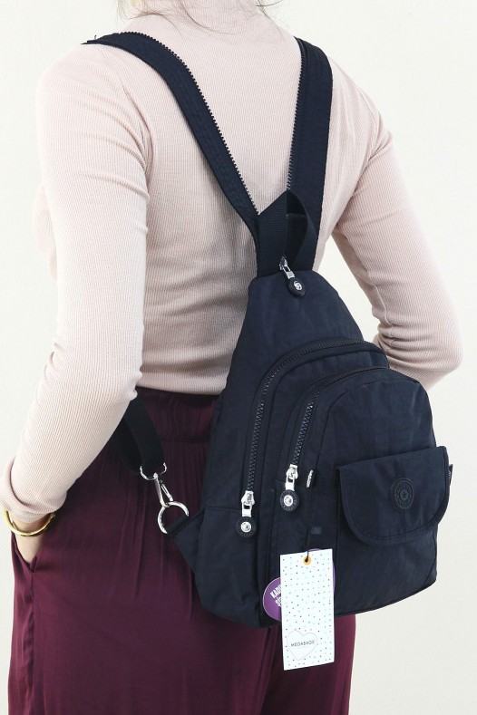 Siyah Kadın Göğüs ve Sırt Çantası Krinkıl Kumaş Çok Gözlü Bölmeli Fermuarlı İçi Astarlı 5304