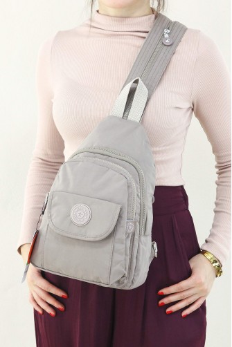 Açık Vizon Kadın Göğüs ve Sırt Çantası Krinkıl Kumaş Çok Gözlü Bölmeli Fermuarlı İçi Astarlı 5304