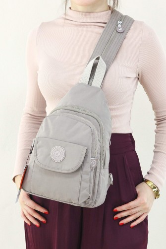 Açık Vizon Kadın Göğüs ve Sırt Çantası Krinkıl Kumaş Çok Gözlü Bölmeli Fermuarlı İçi Astarlı 5304