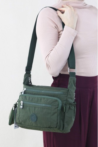 Yeşil Kadın Çapraz Askılı Postacı Omuz Çantası Krinkıl Kumaş Çok Gözlü Fermuarlı Astarlı 5306