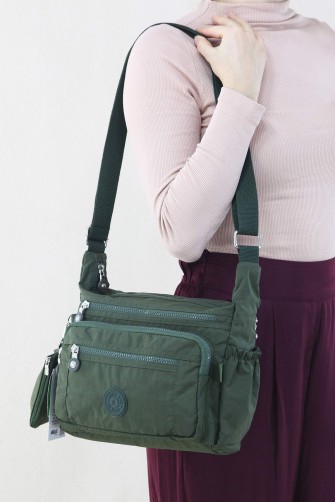 Yeşil Kadın Çapraz Askılı Postacı Omuz Çantası Krinkıl Kumaş Çok Gözlü Fermuarlı Astarlı 5306