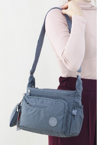 Gri Kadın Çapraz Askılı Postacı Omuz Çantası Krinkıl Kumaş Çok Gözlü Bölmeli Fermuarlı Astarlı 5313