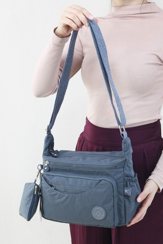 Gri Kadın Çapraz Askılı Postacı Omuz Çantası Krinkıl Kumaş Çok Gözlü Bölmeli Fermuarlı Astarlı 5313