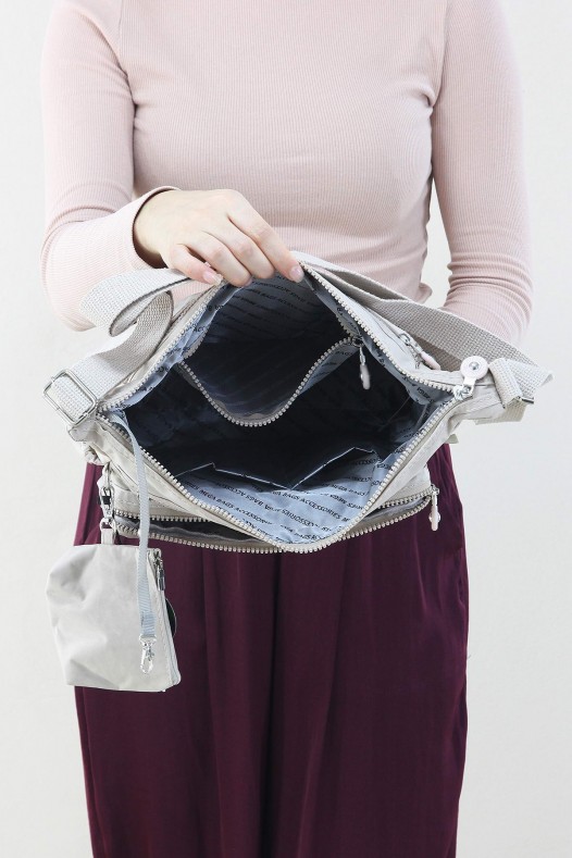 Krem Kadın Çapraz Askılı Postacı Omuz Çantası Krinkıl Kumaş Çok Gözlü Bölmeli Fermuarlı Astarlı 5313