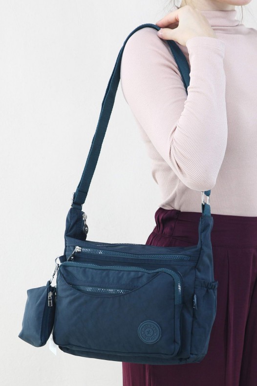 Petrol Kadın Çapraz Askılı Postacı Omuz Çantası Krinkıl Kumaş Çok Gözlü  Fermuarlı Astarlı 5313
