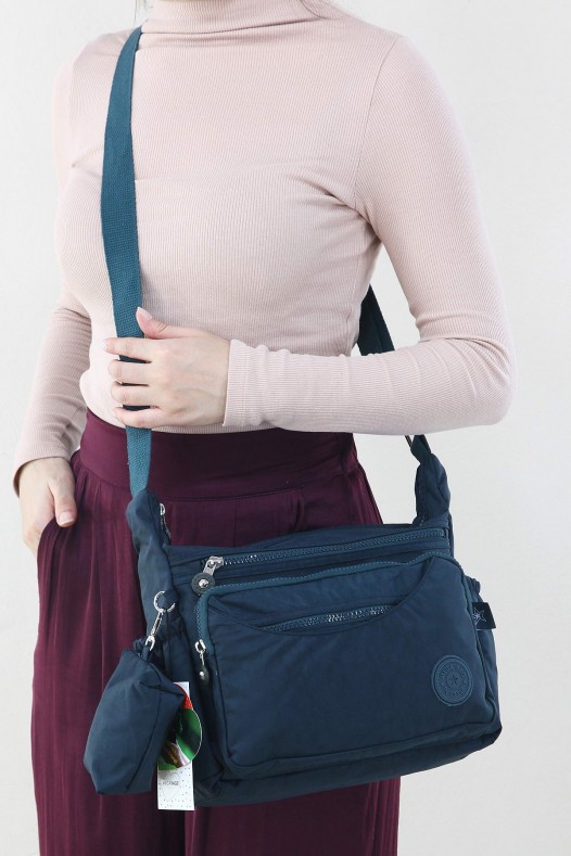 Petrol Kadın Çapraz Askılı Postacı Omuz Çantası Krinkıl Kumaş Çok Gözlü  Fermuarlı Astarlı 5313