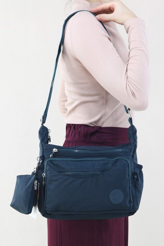 Petrol Kadın Çapraz Askılı Postacı Omuz Çantası Krinkıl Kumaş Çok Gözlü  Fermuarlı Astarlı 5313