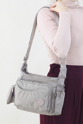 Açık Vizon Kadın Çapraz Askılı Postacı Omuz Çantası Krinkıl Kumaş Çok Gözlü Fermuarlı Astarlı 5313
