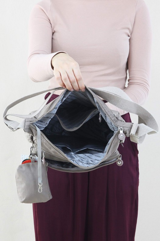 Açık Vizon Kadın Çapraz Askılı Postacı Omuz Çantası Krinkıl Kumaş Çok Gözlü Fermuarlı Astarlı 5313