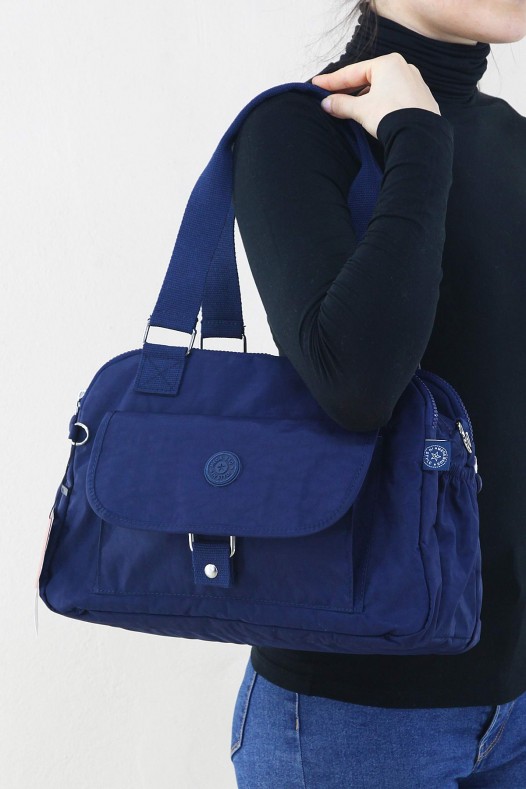 Lacivert Kadın Çapraz Askılı Kol Omuz Çantası Krinkıl Kumaş Çok Gözlü Bölmeli Fermuarlı Astarlı 5320