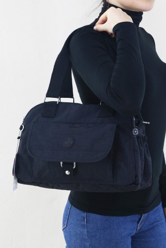 Siyah Kadın Çapraz Askılı Kol Omuz Çantası Krinkıl Kumaş Çok Gözlü Bölmeli Fermuarlı Astarlı 5320