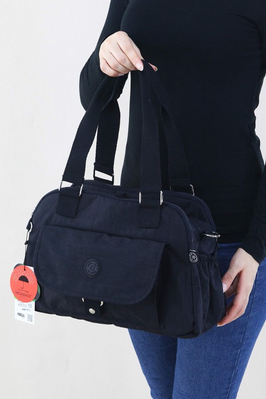 Siyah Kadın Çapraz Askılı Kol Omuz Çantası Krinkıl Kumaş Çok Gözlü Bölmeli Fermuarlı Astarlı 5320