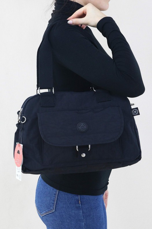 Siyah Kadın Çapraz Askılı Kol Omuz Çantası Krinkıl Kumaş Çok Gözlü Bölmeli Fermuarlı Astarlı 5320