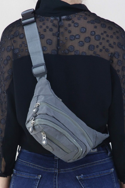 Gri Kadın Bel ve Göğüs Çantası Body Bag Free Bag Krinkıl Kumaş Çok Gözlü Fermuarlı Astarlı 5328