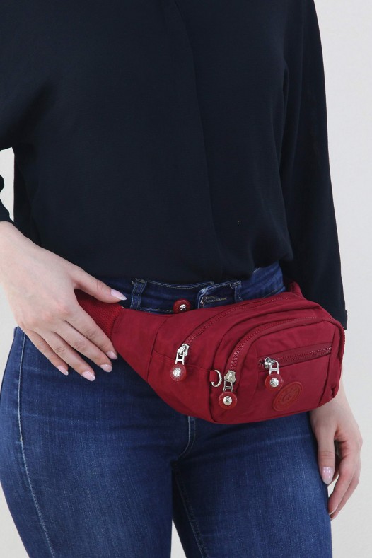 Kırmızı Kadın Bel ve Göğüs Çantası Body Bag Free Bag Krinkıl Kumaş Çok Gözlü Fermuarlı Astarlı 5328