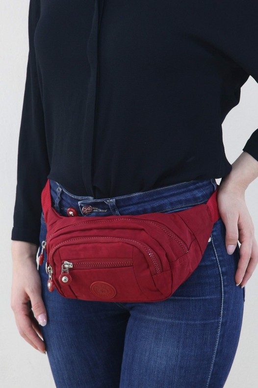 Kırmızı Kadın Bel ve Göğüs Çantası Body Bag Free Bag Krinkıl Kumaş Çok Gözlü Fermuarlı Astarlı 5328