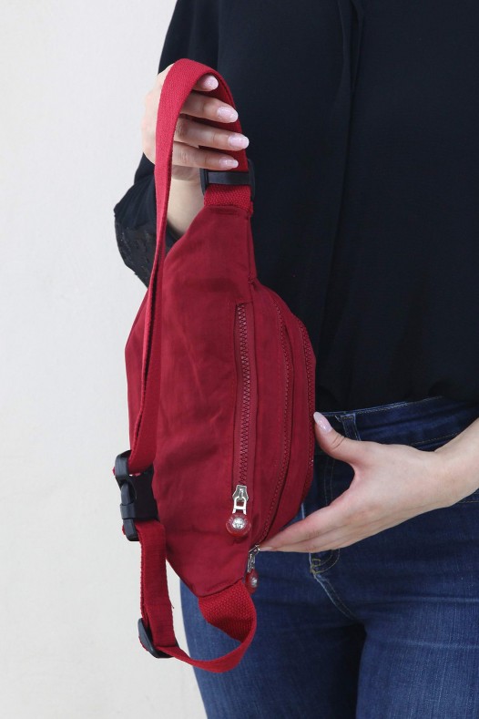 Kırmızı Kadın Bel ve Göğüs Çantası Body Bag Free Bag Krinkıl Kumaş Çok Gözlü Fermuarlı Astarlı 5328