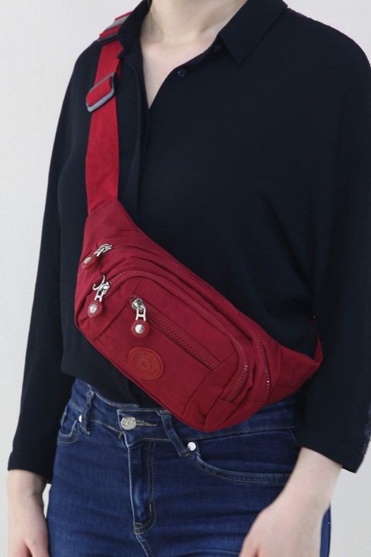 Kırmızı Kadın Bel ve Göğüs Çantası Body Bag Free Bag Krinkıl Kumaş Çok Gözlü Fermuarlı Astarlı 5328