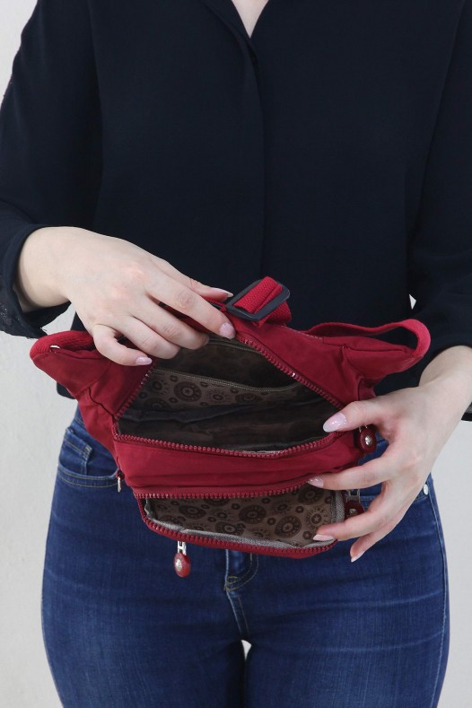 Kırmızı Kadın Bel ve Göğüs Çantası Body Bag Free Bag Krinkıl Kumaş Çok Gözlü Fermuarlı Astarlı 5328