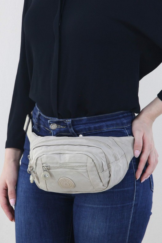 Krem Kadın Bel ve Göğüs Çantası Body Bag Free Bag Krinkıl Kumaş Çok Bölmeli Fermuarlı Astarlı 5328