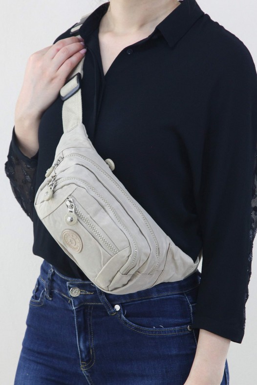 Krem Kadın Bel ve Göğüs Çantası Body Bag Free Bag Krinkıl Kumaş Çok Bölmeli Fermuarlı Astarlı 5328