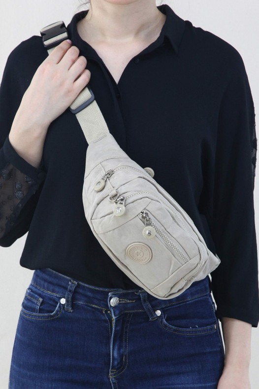 Krem Kadın Bel ve Göğüs Çantası Body Bag Free Bag Krinkıl Kumaş Çok Bölmeli Fermuarlı Astarlı 5328