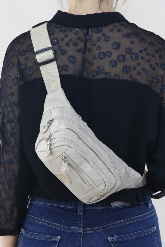 Krem Kadın Bel ve Göğüs Çantası Body Bag Free Bag Krinkıl Kumaş Çok Bölmeli Fermuarlı Astarlı 5328