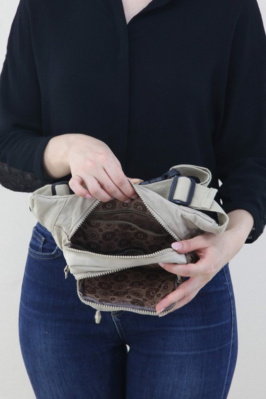 Krem Kadın Bel ve Göğüs Çantası Body Bag Free Bag Krinkıl Kumaş Çok Bölmeli Fermuarlı Astarlı 5328
