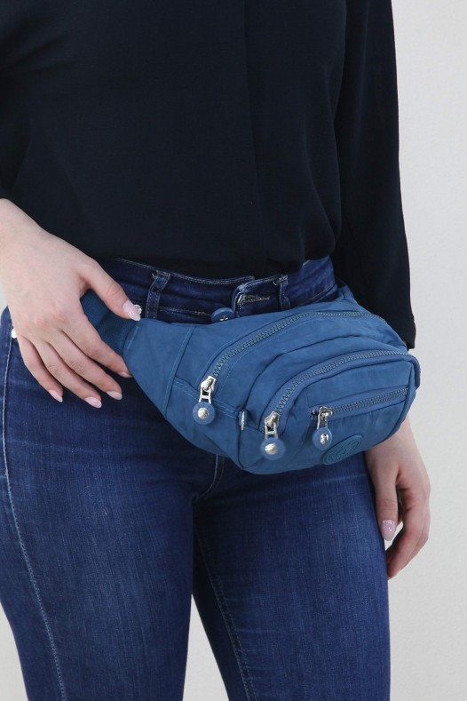 Mavi Kadın Bel ve Göğüs Çantası Body Bag Free Bag Krinkıl Kumaş Çok Bölmeli Fermuarlı Astarlı 5328