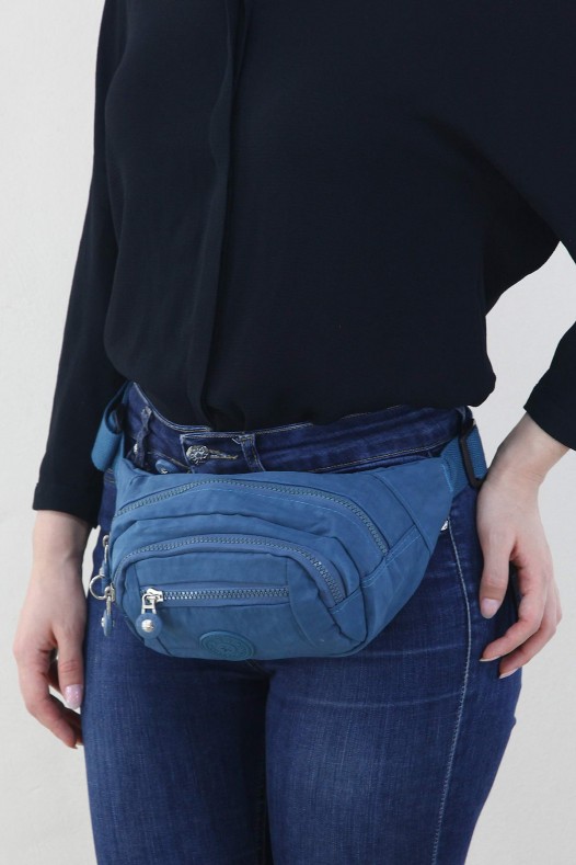 Mavi Kadın Bel ve Göğüs Çantası Body Bag Free Bag Krinkıl Kumaş Çok Bölmeli Fermuarlı Astarlı 5328