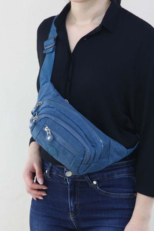 Mavi Kadın Bel ve Göğüs Çantası Body Bag Free Bag Krinkıl Kumaş Çok Bölmeli Fermuarlı Astarlı 5328