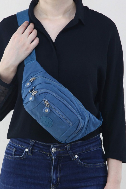 Mavi Kadın Bel ve Göğüs Çantası Body Bag Free Bag Krinkıl Kumaş Çok Bölmeli Fermuarlı Astarlı 5328