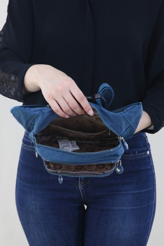 Mavi Kadın Bel ve Göğüs Çantası Body Bag Free Bag Krinkıl Kumaş Çok Bölmeli Fermuarlı Astarlı 5328