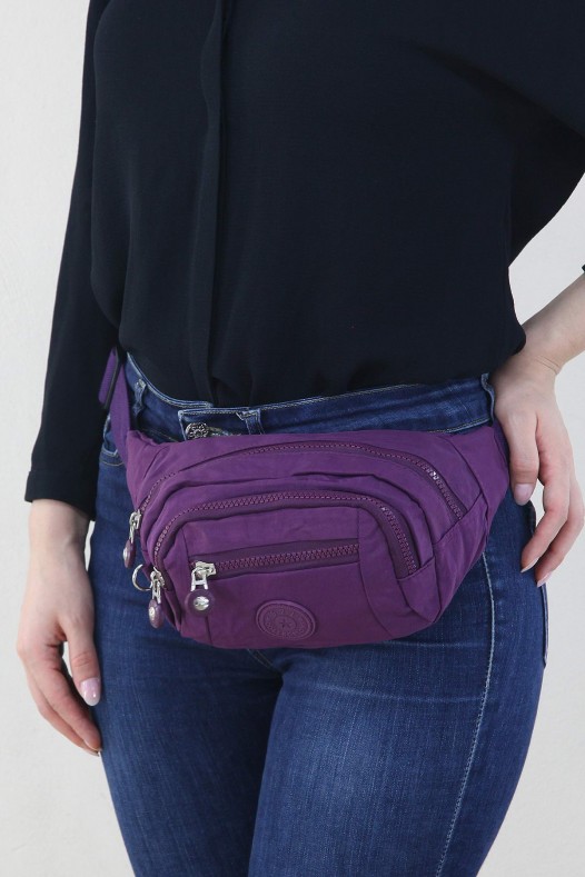 Mor Kadın Bel ve Göğüs Çantası Body Bag Free Bag Krinkıl Kumaş Çok Gözlü Fermuarlı Astarlı 5328