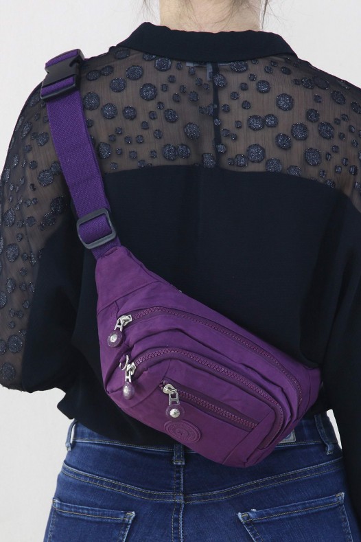Mor Kadın Bel ve Göğüs Çantası Body Bag Free Bag Krinkıl Kumaş Çok Gözlü Fermuarlı Astarlı 5328