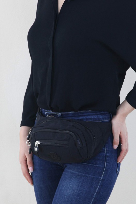 Siyah Kadın Bel ve Göğüs Çantası Body Bag Free Bag Krinkıl Kumaş Çok Bölmeli Fermuarlı Astarlı 5328