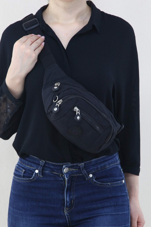 Siyah Kadın Bel ve Göğüs Çantası Body Bag Free Bag Krinkıl Kumaş Çok Bölmeli Fermuarlı Astarlı 5328